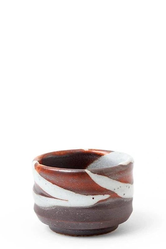 The Bizan sake cup with clay body and brown, white and gray glazing. ©Miya Company