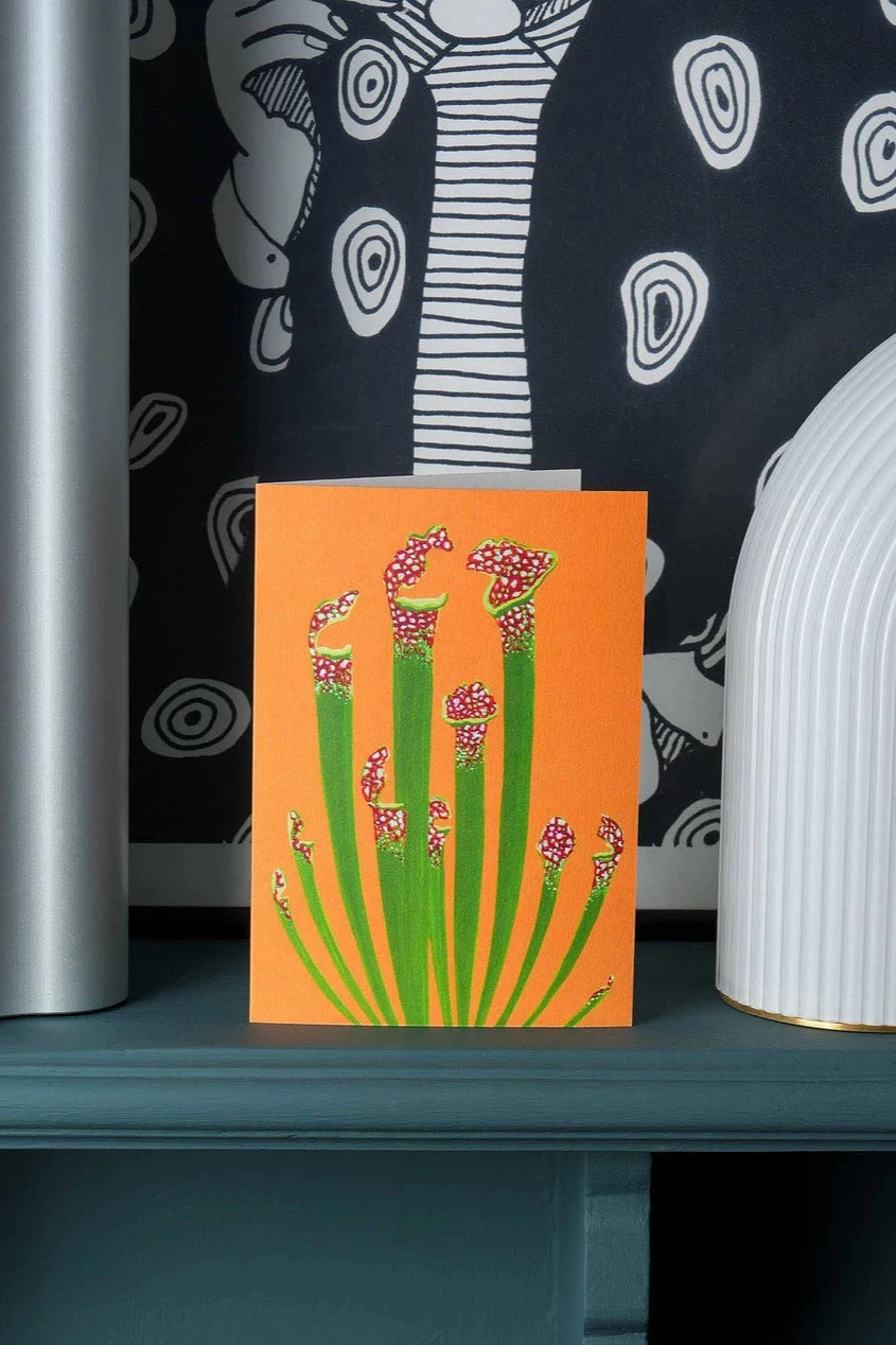 Pitcher plant greeting card by Stengun Drawings in a lifestyle shot