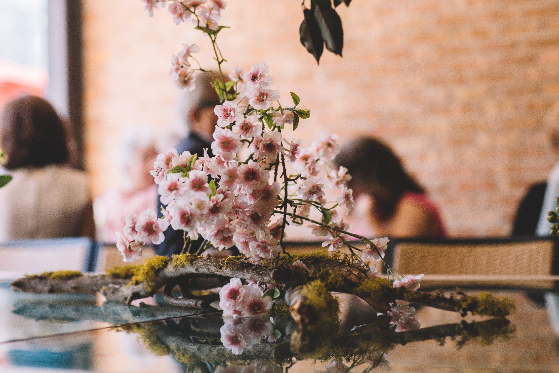 flowering branch and moss covered wood installation by SPROUT HOME. Photograph by Stephanie Bassos