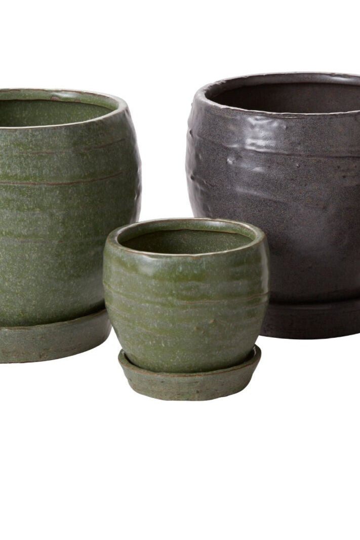 Set of four ceramic pots in green and gray on a white background ©Sprout Home