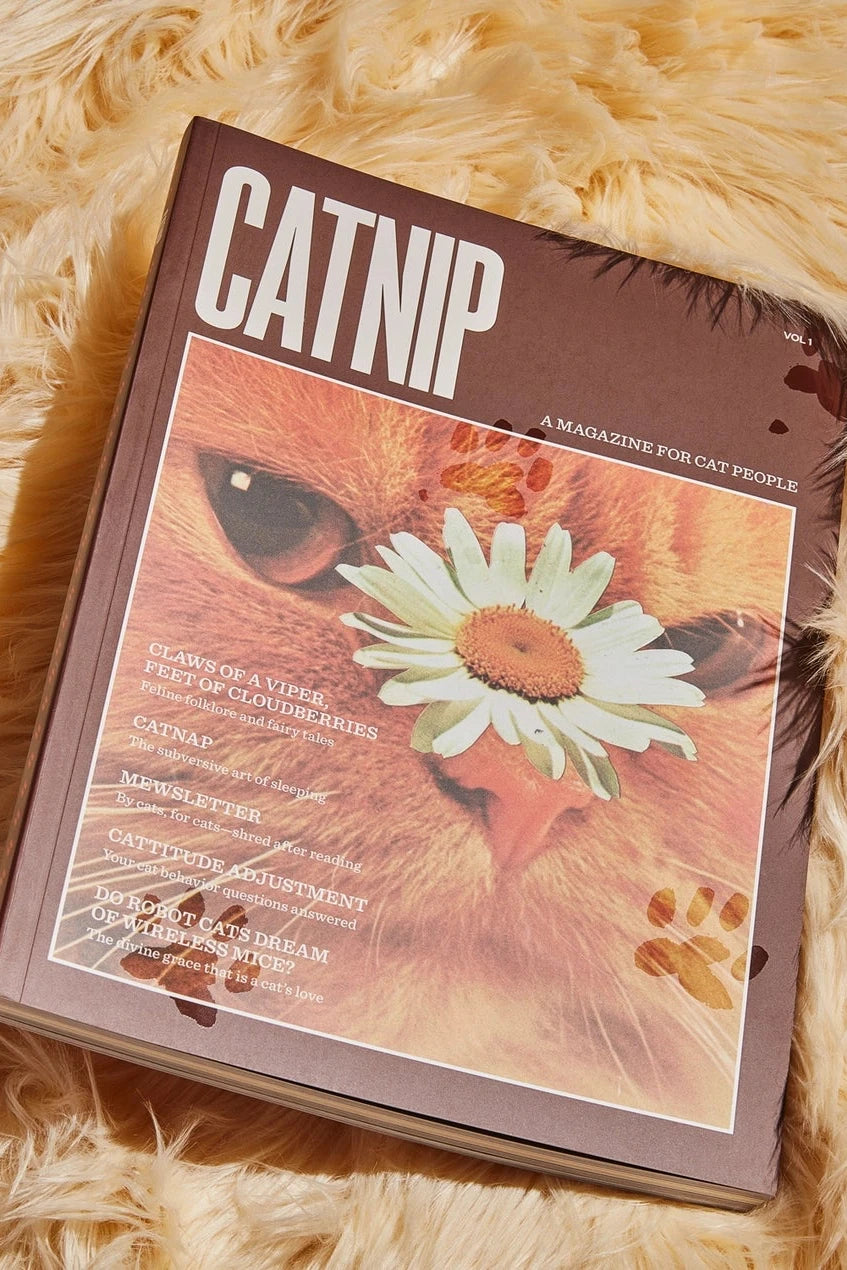 Catnip Magazine showing the front cover and the magazine sitting on fur by Broccoli.