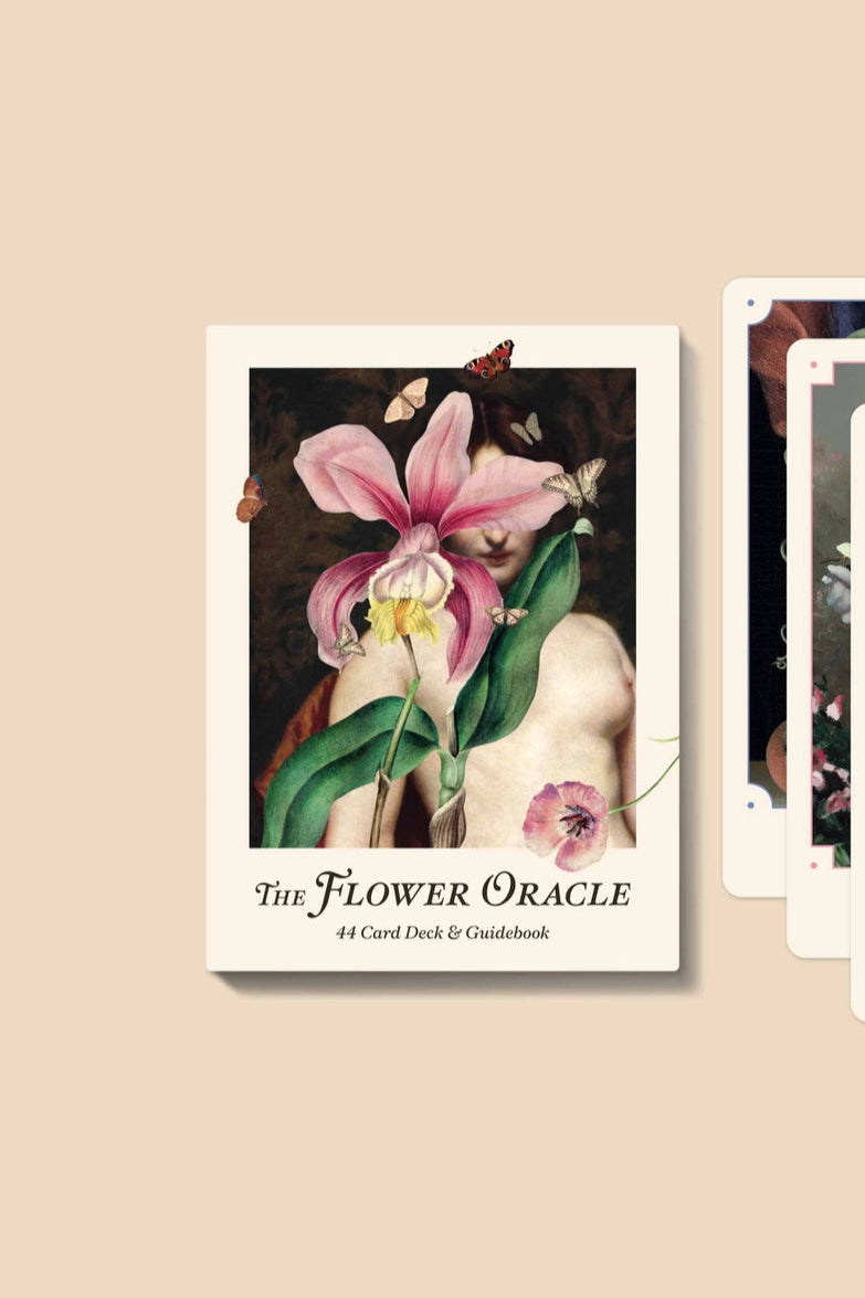 Flower Oracle card deck with illustrations of flowers and a nude figure on a beige background ©Broccoli