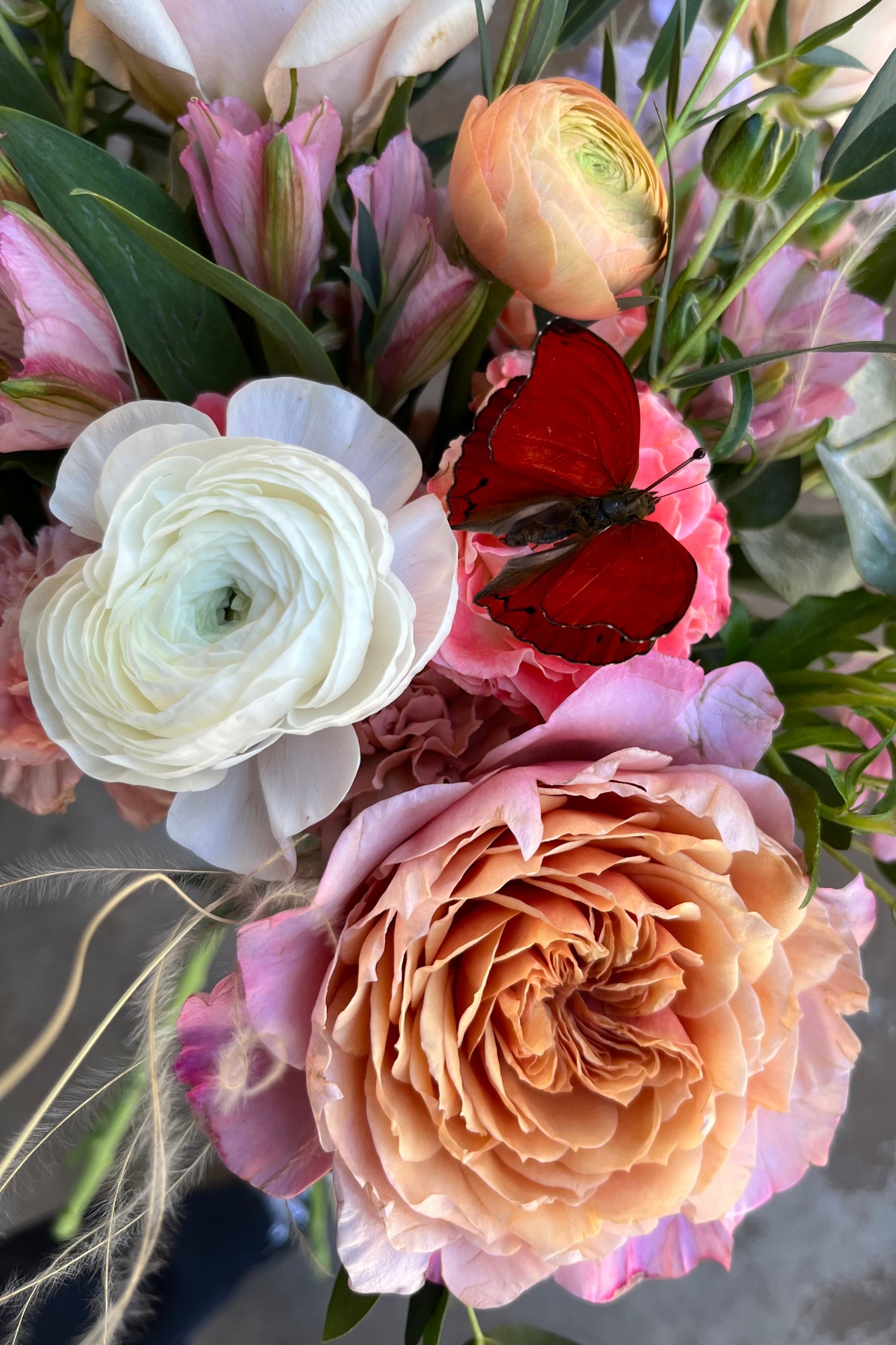Detail of flowers and a real dark red butterfly in a custom Butterflies floral arrangement at Sprout Home ©Sprout Home #size_$130