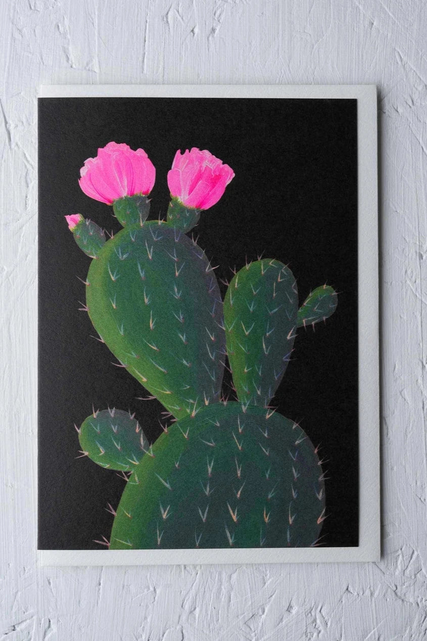 Cactus on Black Greeting card by Stengun Drawings from the front against white.