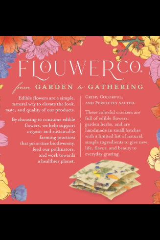 Flouwer Co. No 1 artisanal cracker back of box with colorful flowers and crackers on a red background ©Flouwer Co