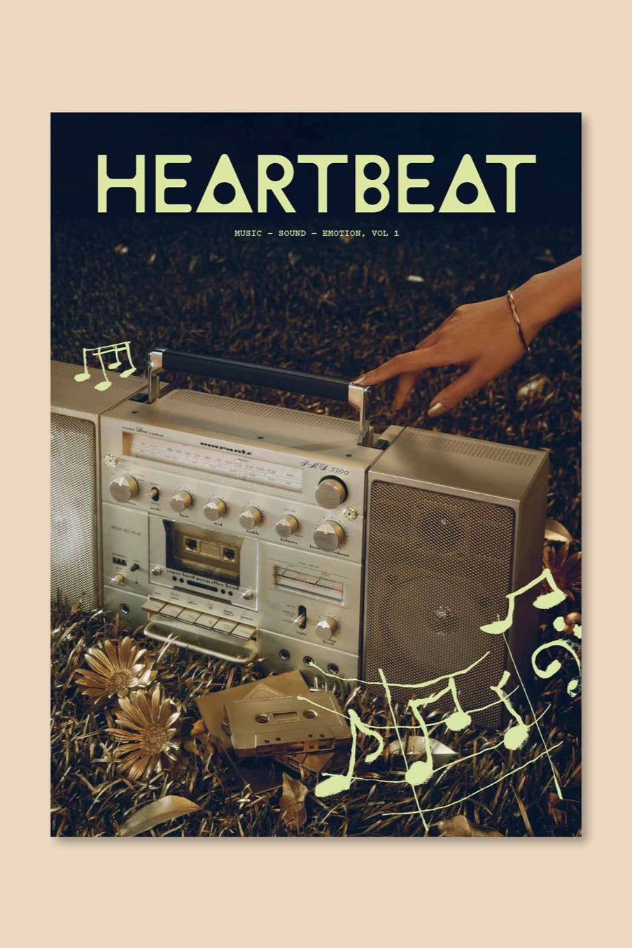 Heartbeat Magazine: Music, Sound, Emotion cover Poster with a vintage cassette player and hand reaching for it, set against a dark background with music notes. ©Broccoli