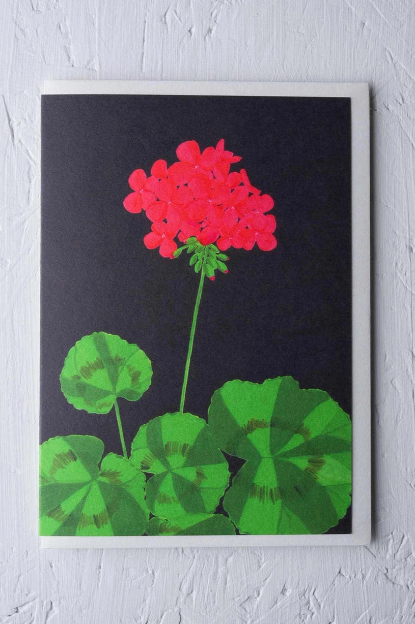 Barbican Geranium Greeting Card by Stengun Drawings shown from the front on white wall.