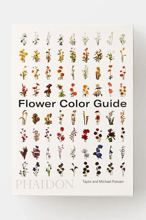 The book cover of 'Flower Color Guide' by Taylor and Michael Putnam, published by Phaidon, displayed against a clean white background. The cover features a white background with a grid of small, colorful botanical illustrations representing various flower colors, with the title in bold black text and the Phaidon logo in gray at the bottom. ©Phaidon