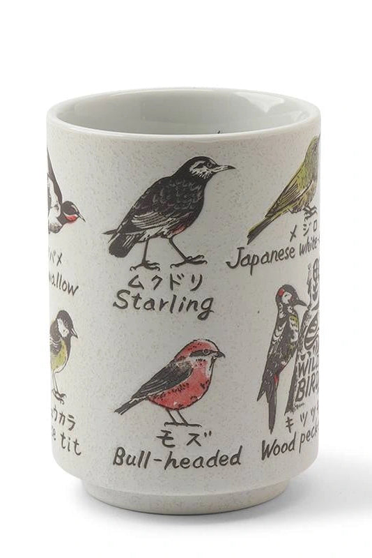 Ceramic mug with illustrations of various birds and their names on a white background ©Miya Company