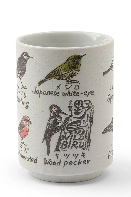 Ceramic mug with illustrations of birds and their names on a white background ©Miya Company