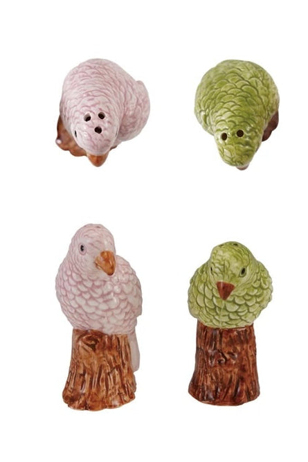 A pair of salt and pepper shakers shaped like pink and green parrots shown from the front and above on a white background ©Creative Co-Op