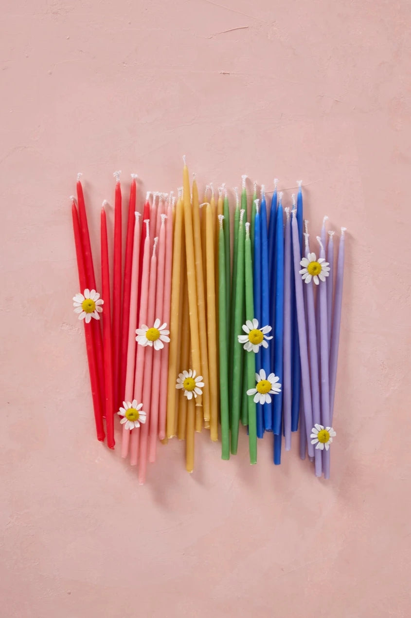 Knot & Bow tall assorted beeswax candles with chamomile flowers on top