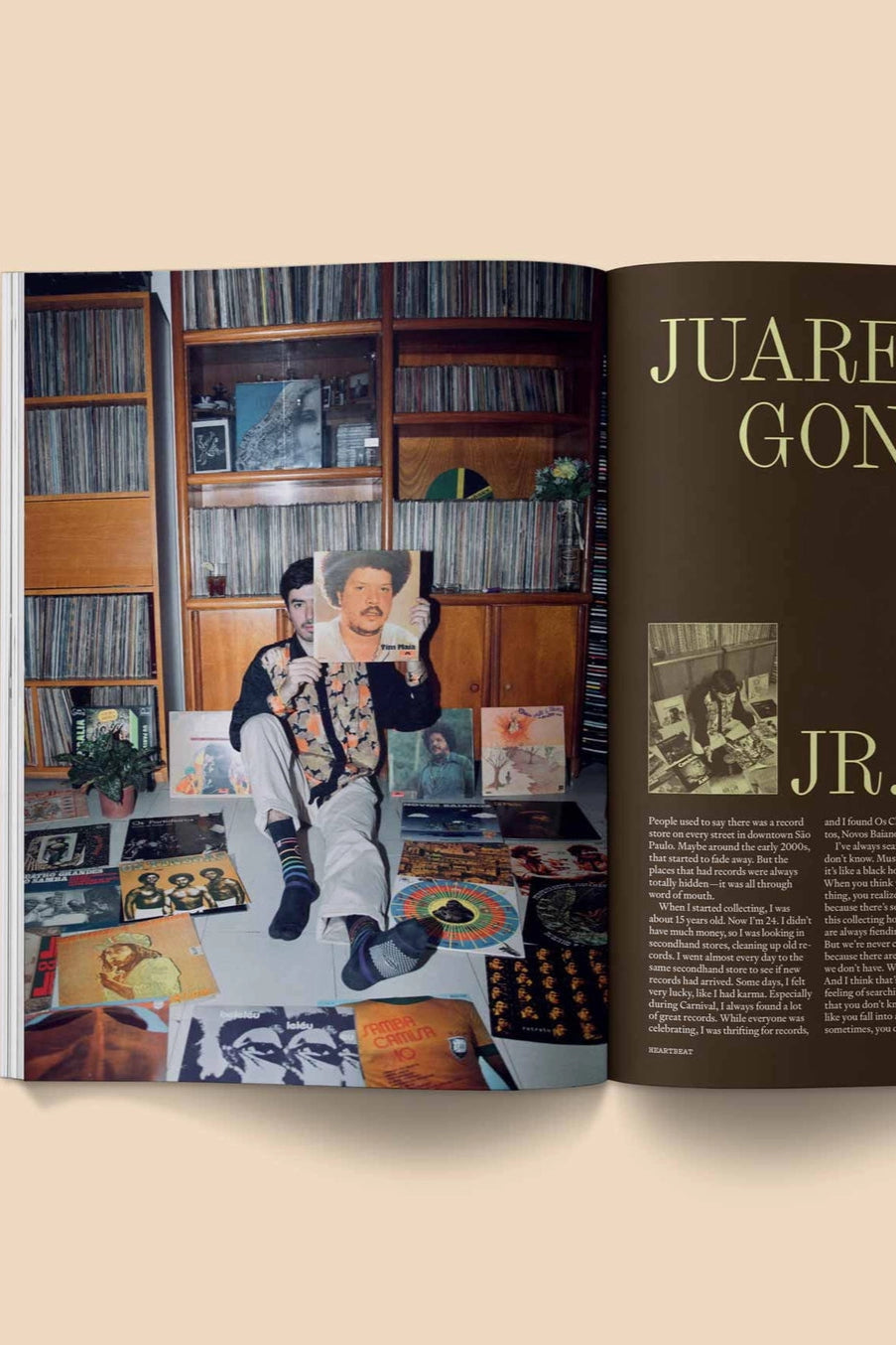 Heartbeat Magazine: Music, Sound, Emotion Open book showing a page with 'Juarez Gonzaga, Jr.' and a photo of a person holding a record. ©Broccoli
