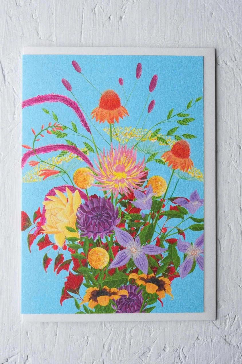 Rebel Rebel card by Stengun Drawing from hand center with various colored floral on blue.