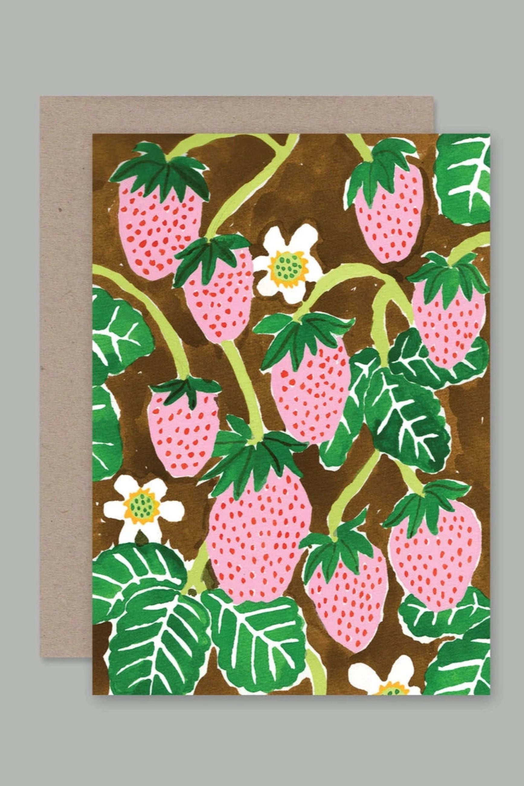 Strawberry Garden card by AHD Paper Co featuring pink strawberries on. a brown background with green leaves ©AHD