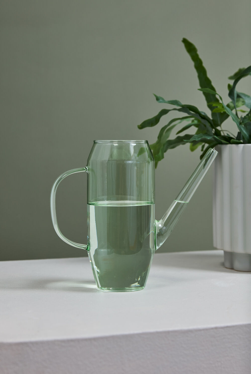 Clear glass Foray pitcher with water on a white surface next to a plant ©Accent Decor