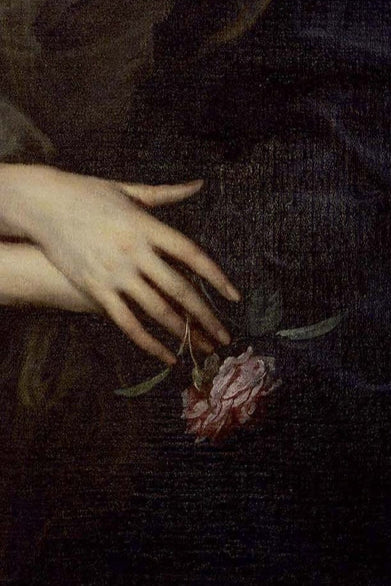 Featured image, of the rose flower as portrayed in a detail from Anthony van Dyck's "Portrait of a Woman with a Rose" (ca. 1635-39) in Jean-Michel Othoniel: The Secret Language of Flowers ©Artbook D.A.P.