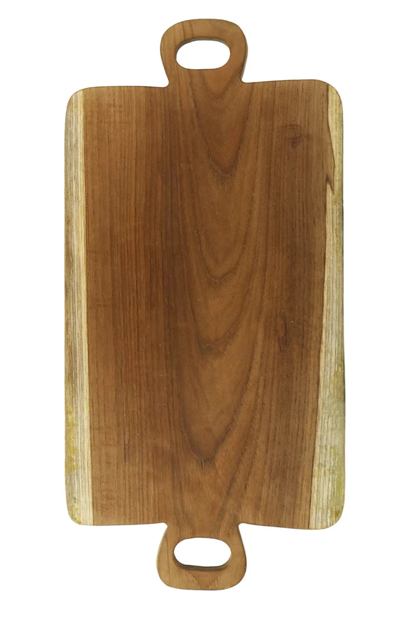 A teak presentation board in a rectangle shape with two handles, one on each short side.