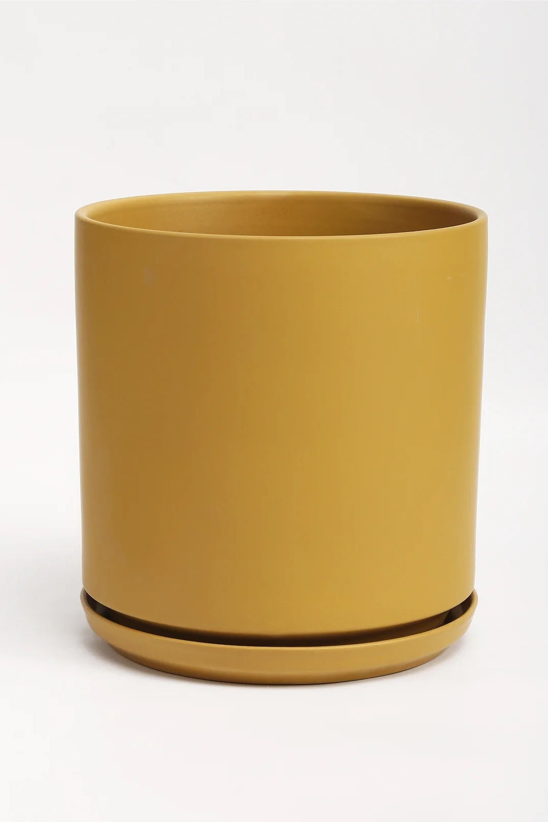 A yellow planter and saucer on a white background ©LBE Design