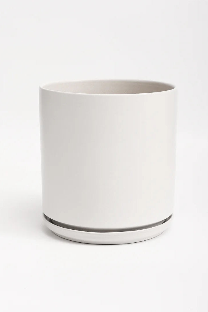 A white planter and saucer on a white background ©LBE Design