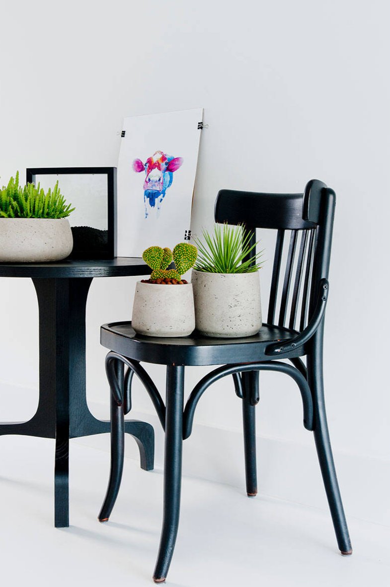 Two different sized Grey Washed PaTT pots from Pottery pots. Both potted with succulents and sitting on a black chair next to a black table.