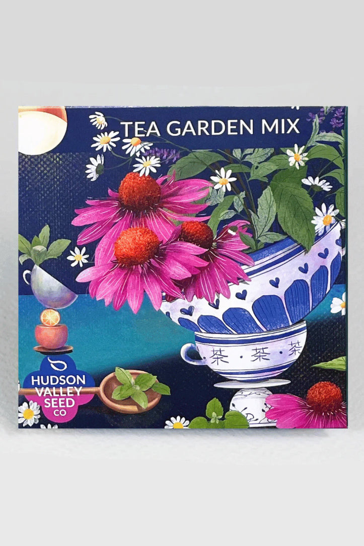 Tea Garden Mix packaging with floral design and Hudson Valley Seed Co. branding. ©Hudson Valley Seed Co.