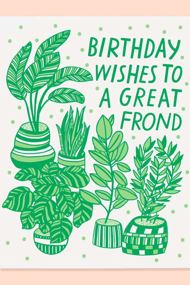 The Good Twins Great Frond Card showing the front of the card with green illustration of plants.