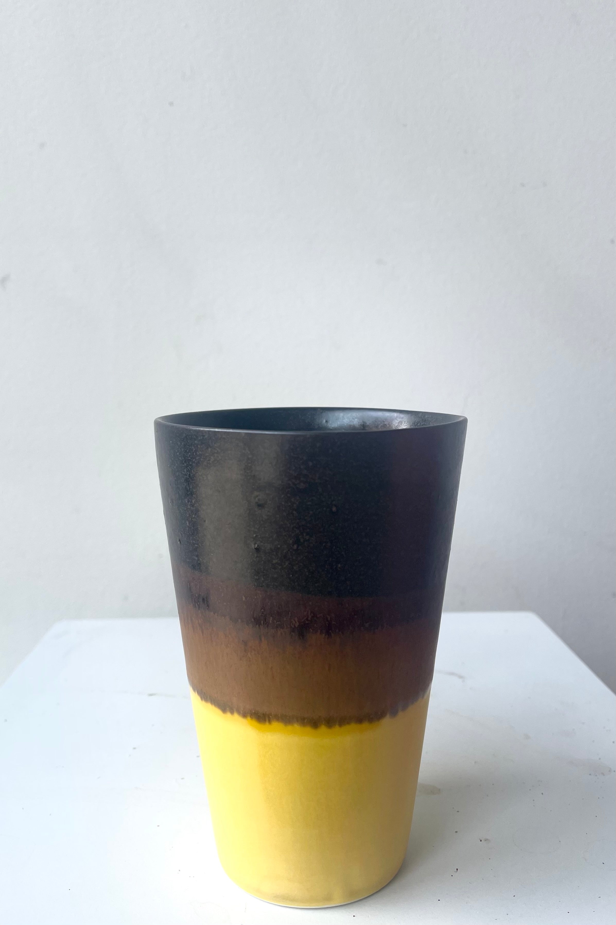 A full view of Tumbler black & golden glaze against white backdrop