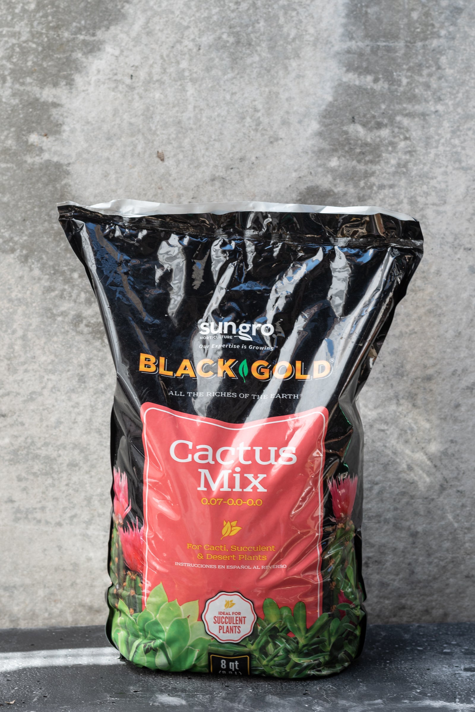 A bag of 8 quart Black Gold Cactus potting mix against a grey wall.
