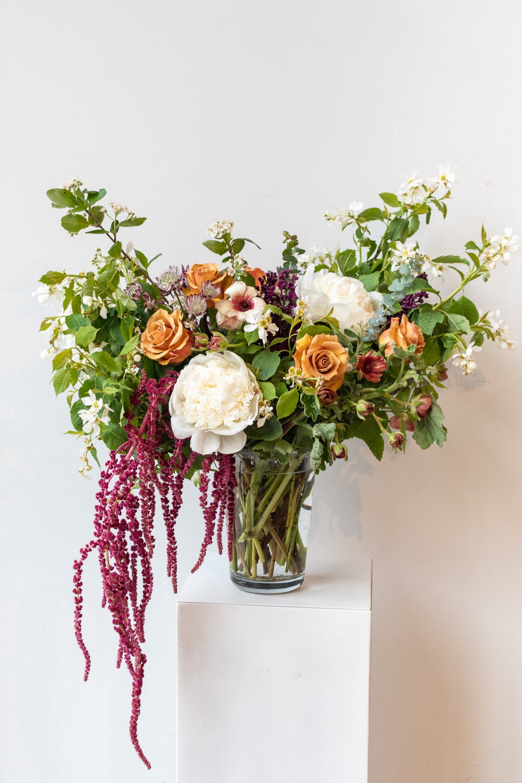 Earthy, warm floral arrangement with amaranthus and mustard roses by Sprout Home sits in a glass vase on a white pedestal in a white room ©Sprout Home #size_$130