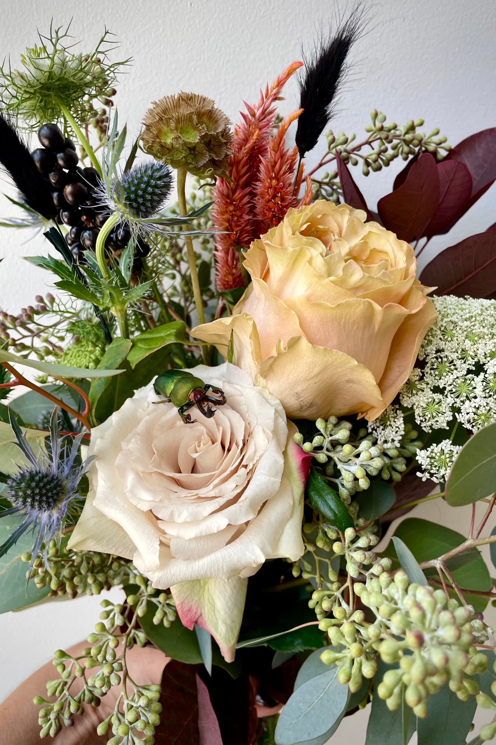 Betelgeuse arrangement with shades of gray and hints of dark foliage and white flowers with a beetle on one of the roses designed by Sprout Home. ©Sprout Home #size_$130