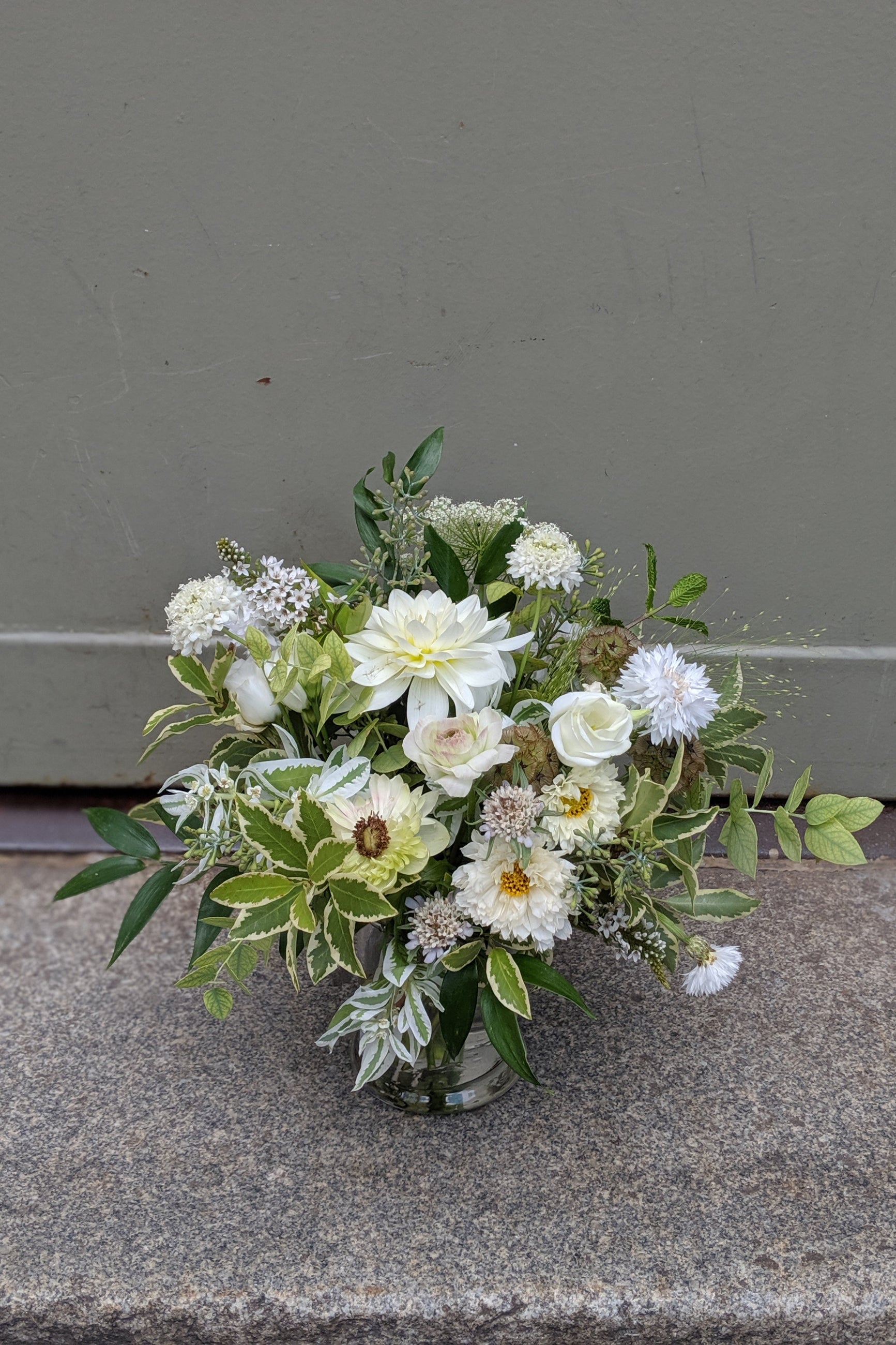 White and green custom floral arrangement by Sprout Home with variegated foliage ©Sprout Home #size_$100