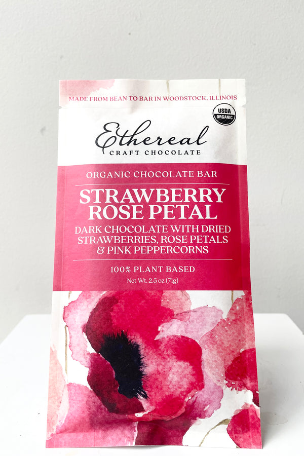 A view of the Strawberries / Rose Petals / Pink Peppercorns Bar from Ethereal against white backdrop