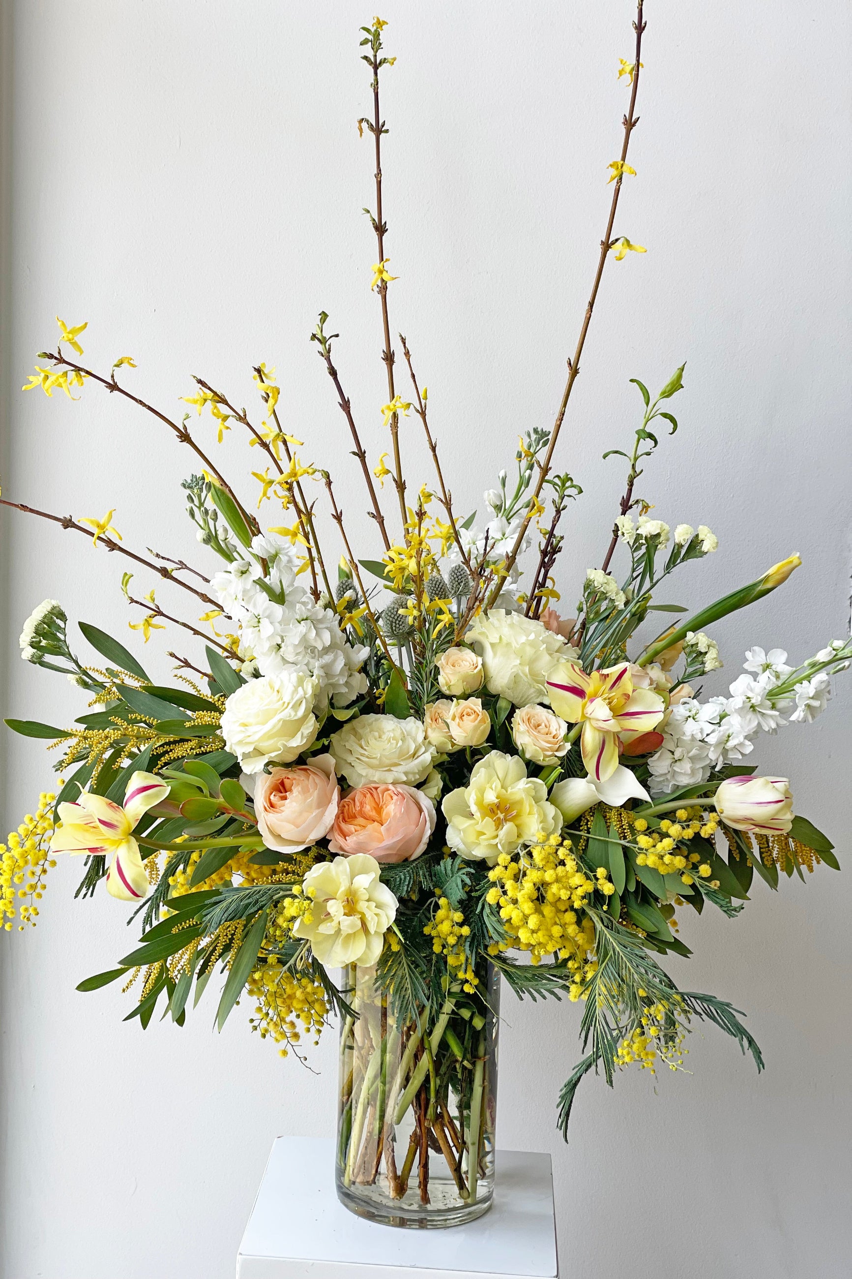 An example of fresh Floral Arrangement Champagne Toast with yellow mimosa and yellow flowering branches from Sprout Home Floral in Chicago sigs in clear vase against white backdrop ©Sprout Home #size_$200