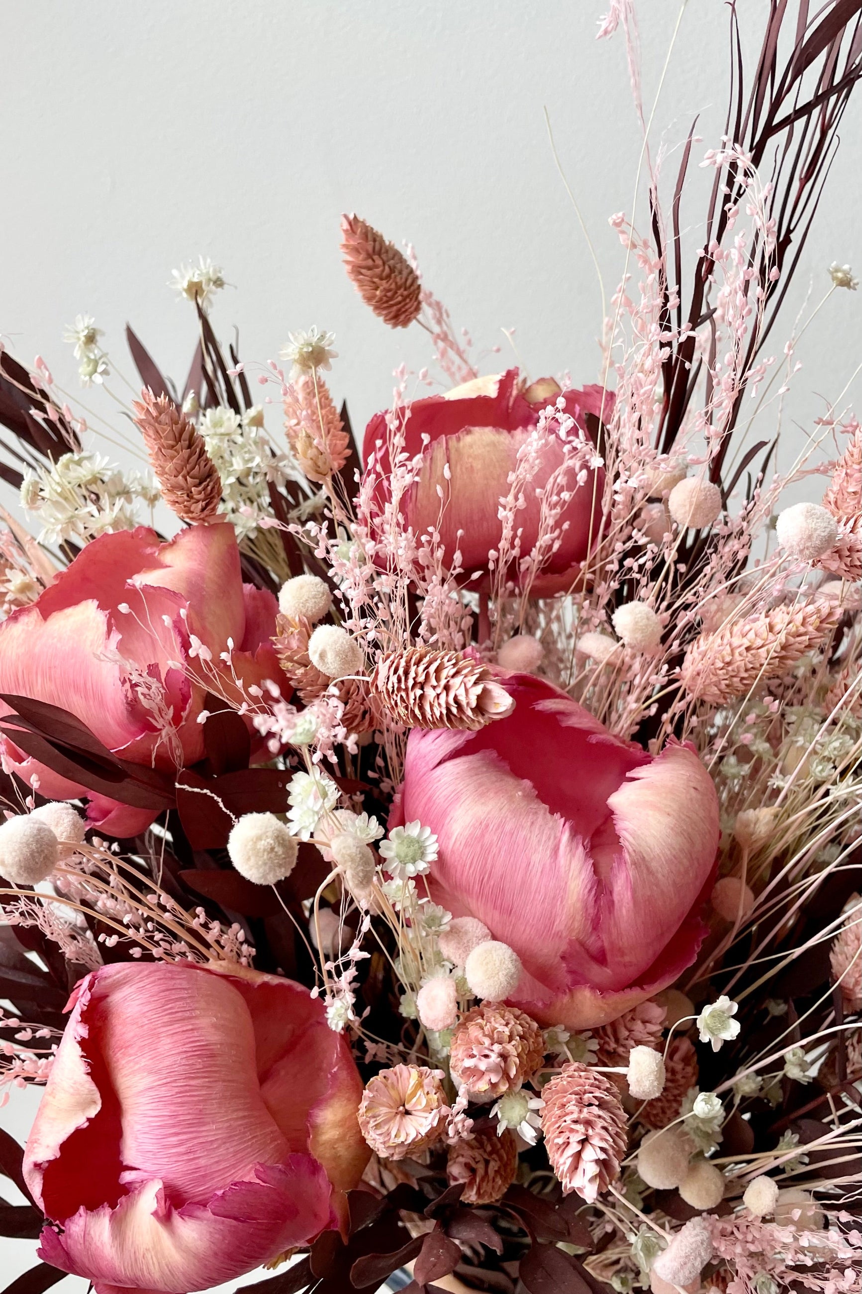 Sprout Home's Chocoberry Milkshake arrangement in detail showing the pink flowers and chocolate foliage against a white wall. ©Sprout Home #size_$160