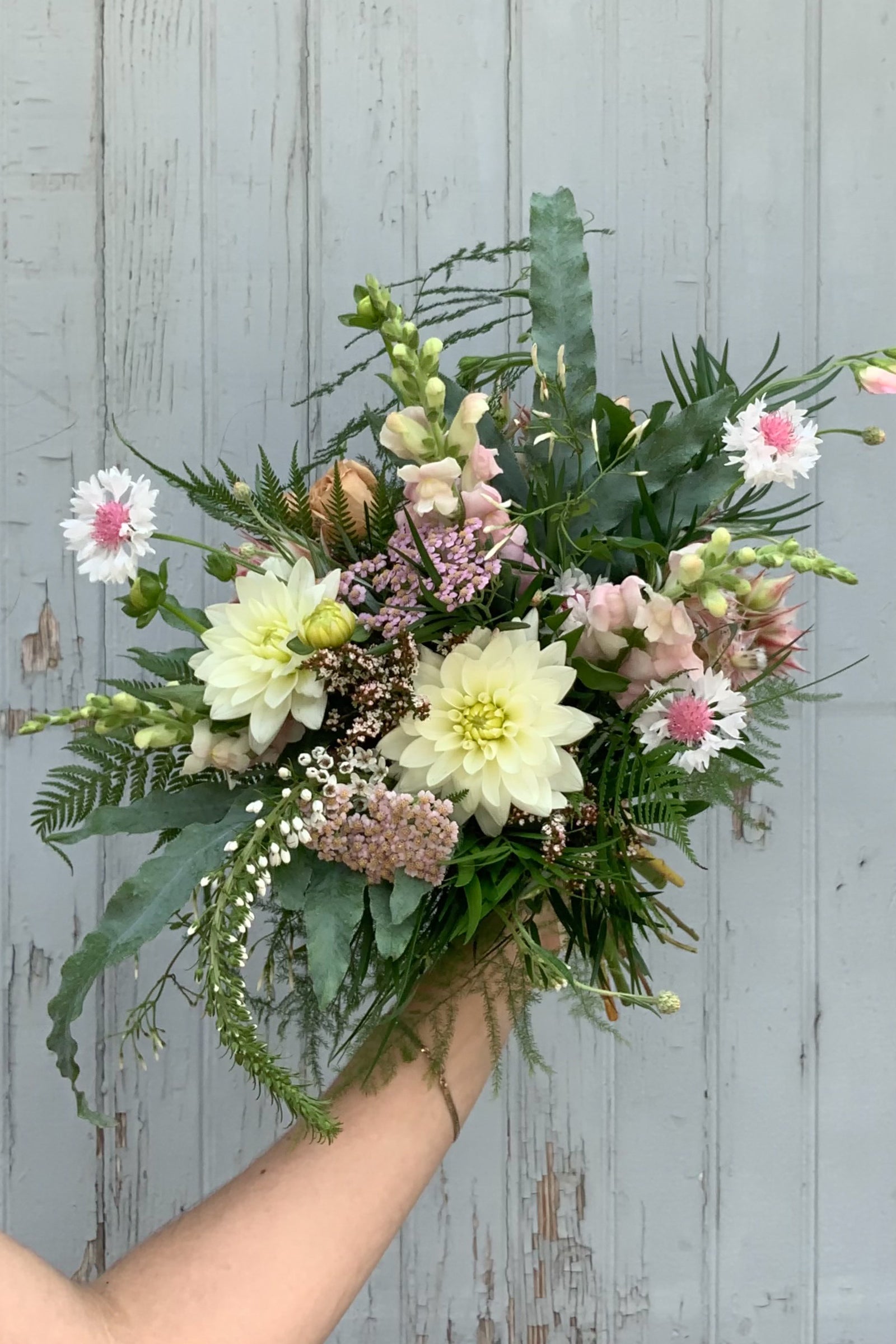 Fresh floral custom arrangement by Sprout Home with cream dahlias and blue star fern ©Sprout Home #size_$100