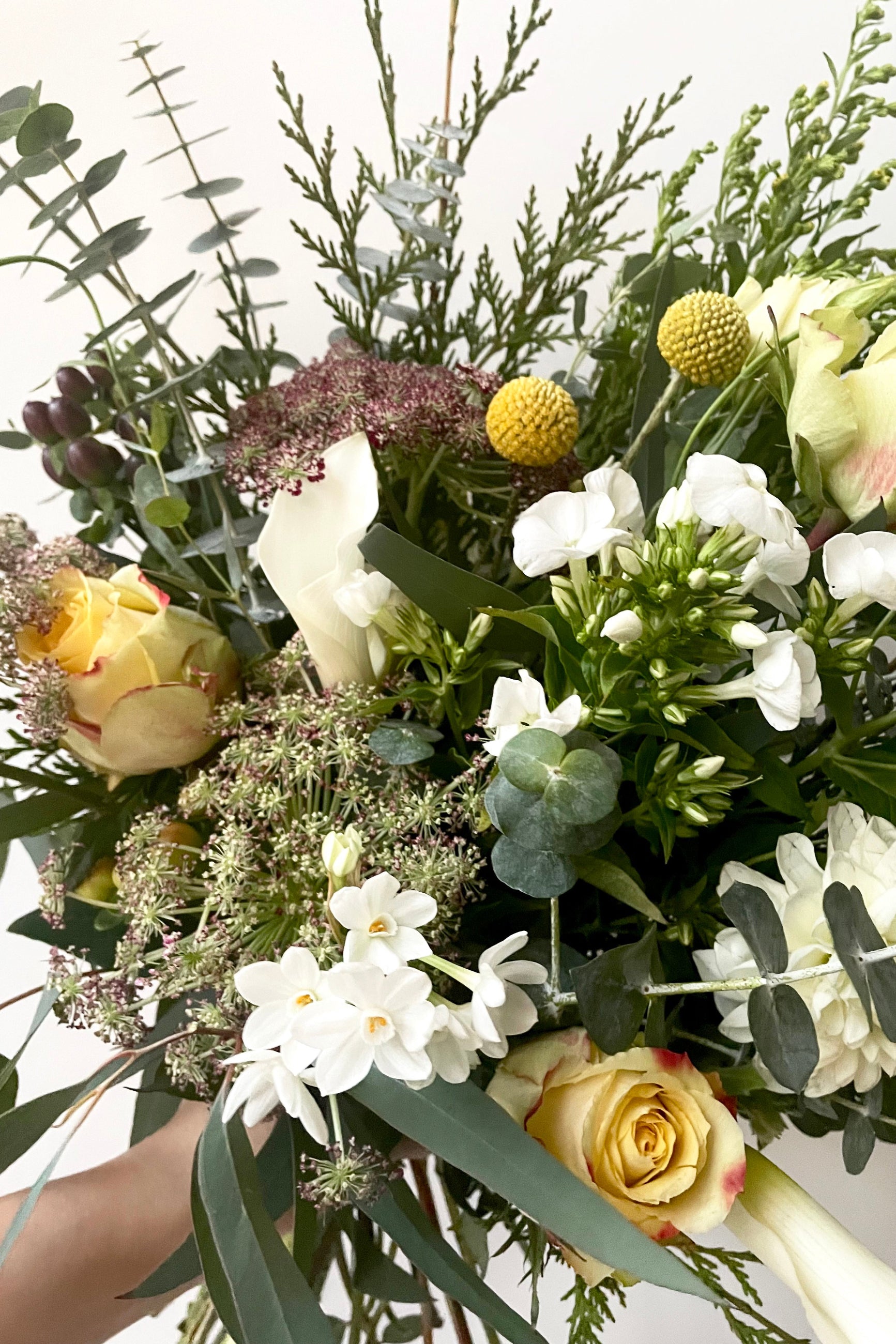 An example of fresh Floral Arrangement Eggnog with evergreen and queen annes lace from Sprout Home Floral in Chicago ©Sprout Home #size_$130