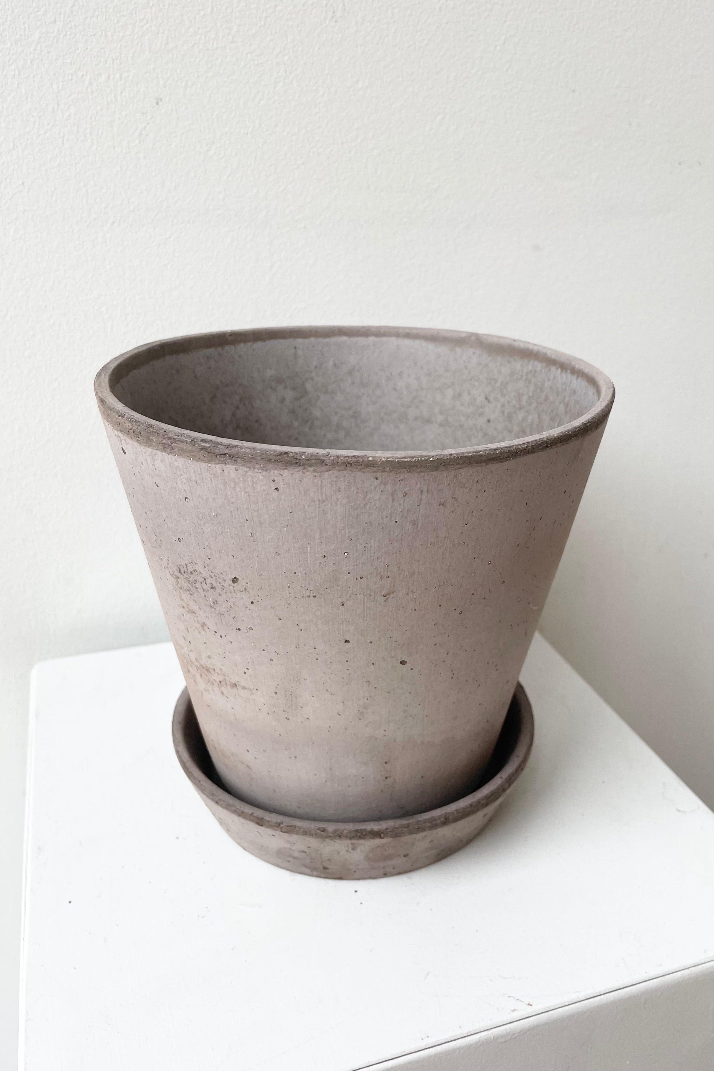 detail of the to0p of Julie Pot & Saucer grey 6.7” against a white wall