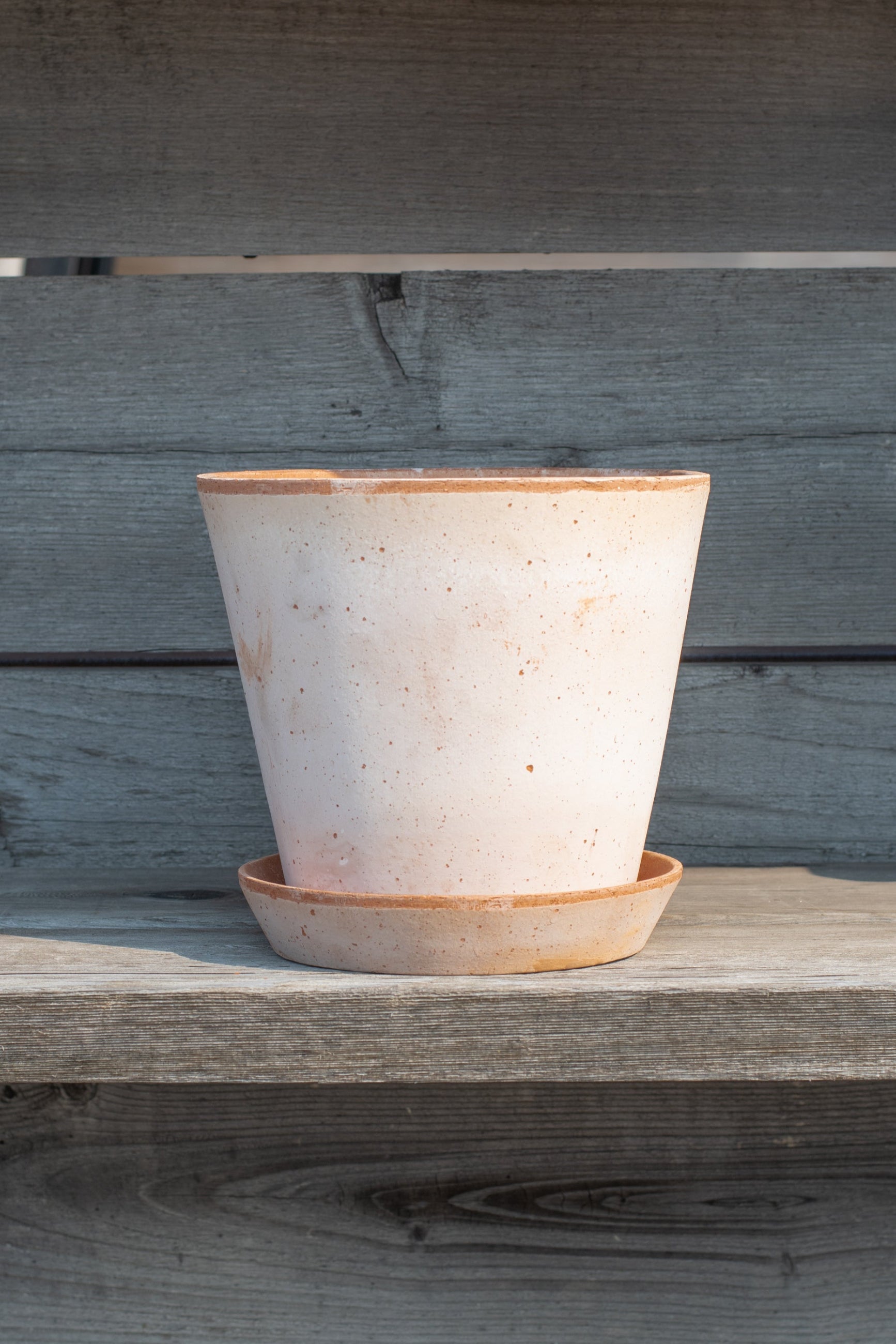 Bergs Potter Julie Pot & Saucer rosa 8.3” in front of grey wood background ©Sprout Home