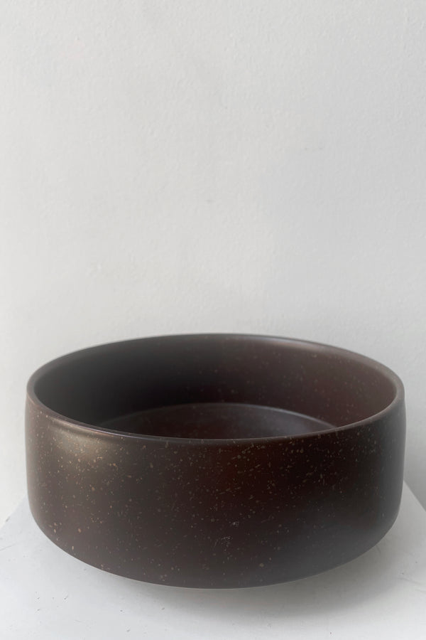 A frontal view of Hagi bowl brown large against white backdrop