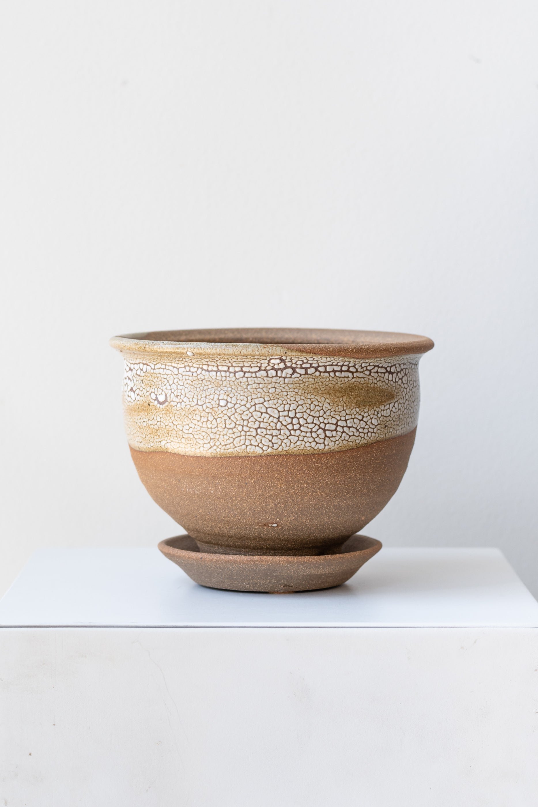 Bruning Pottery Planter super crackle glaze - 4" on a white surface in a white room
