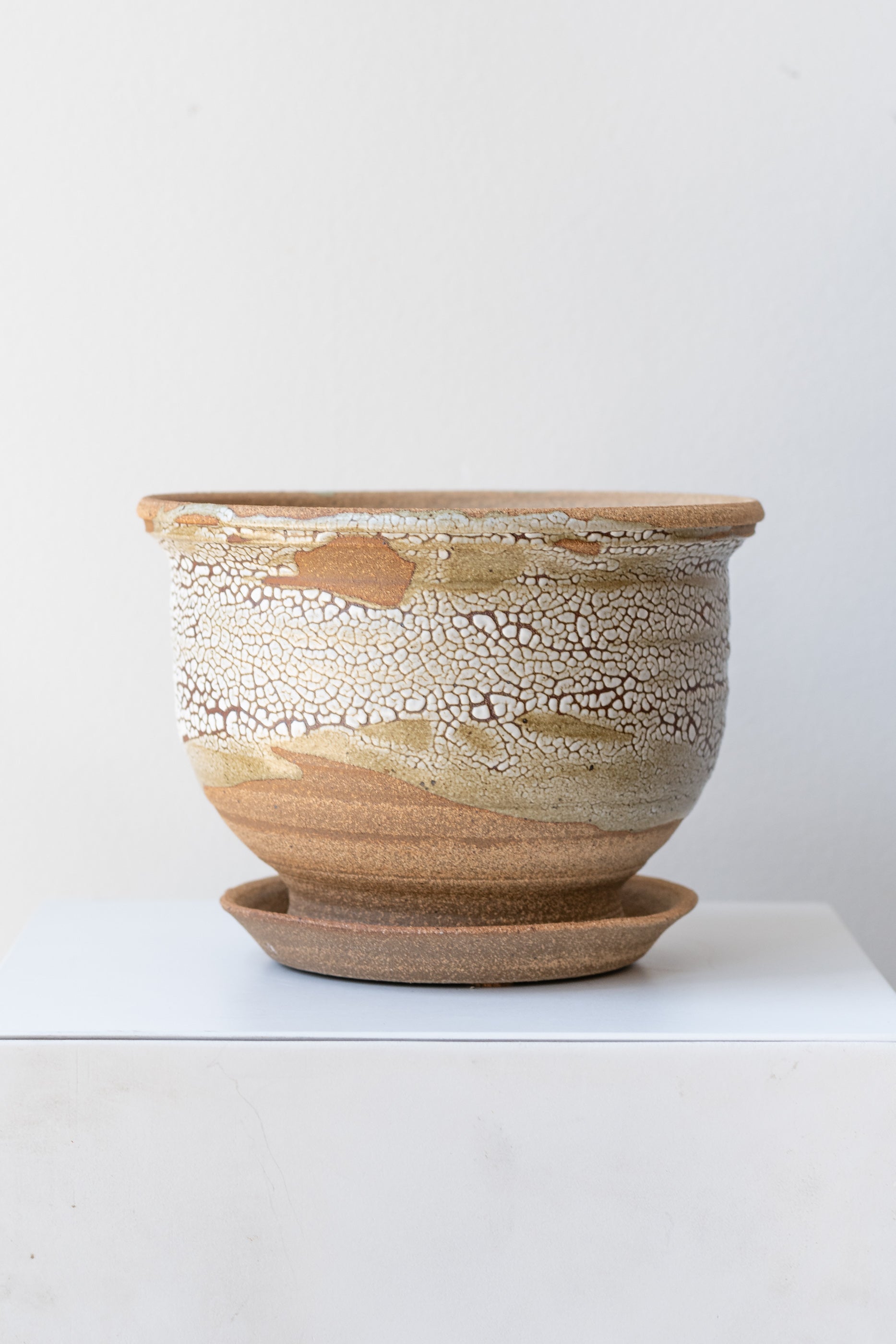 Bruning Pottery Planter super crackle glaze - 6" on a white surface in a white room