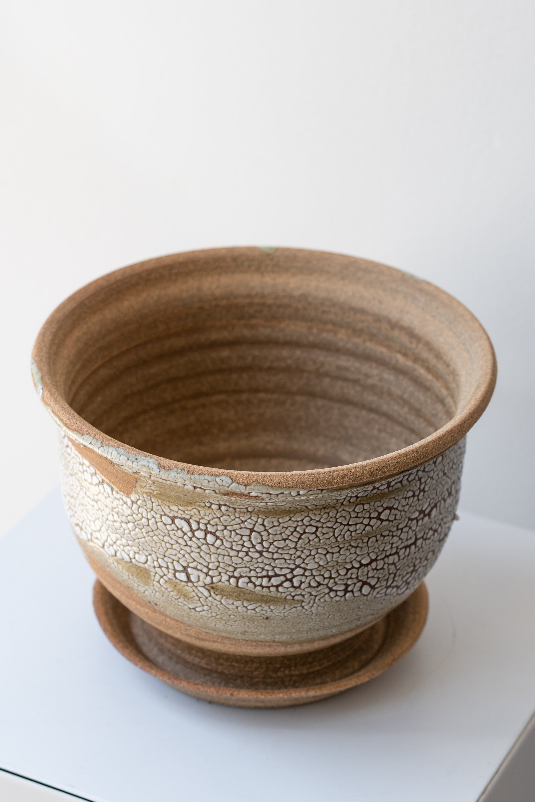 Bruning Pottery Planter super crackle glaze - 6" on a white surface in a white room