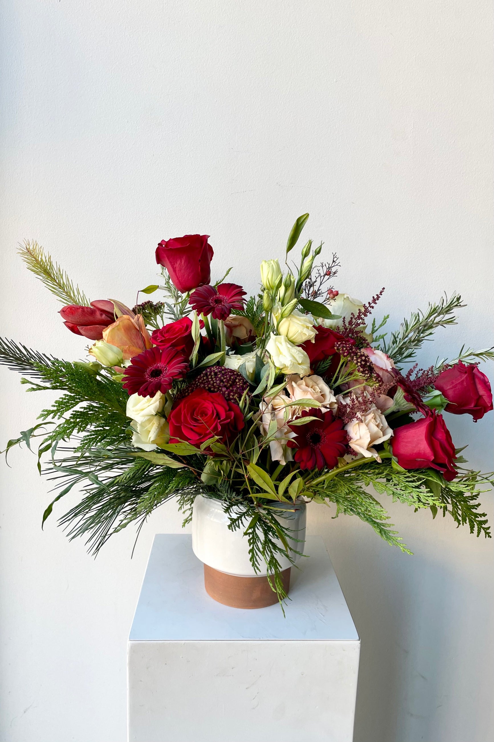 An example of fresh Floral Arrangement Solstice in a white vase on white from Sprout Home Floral in Chicago against a white backdrop ©Sprout Home #size_$130