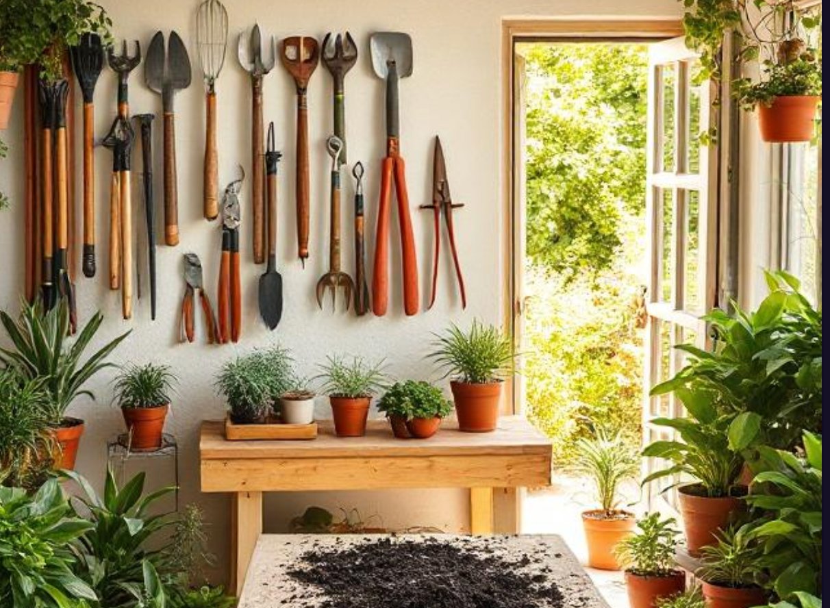 A gardeners tool wall and potting bench in a well lit room opening to the outdoors.