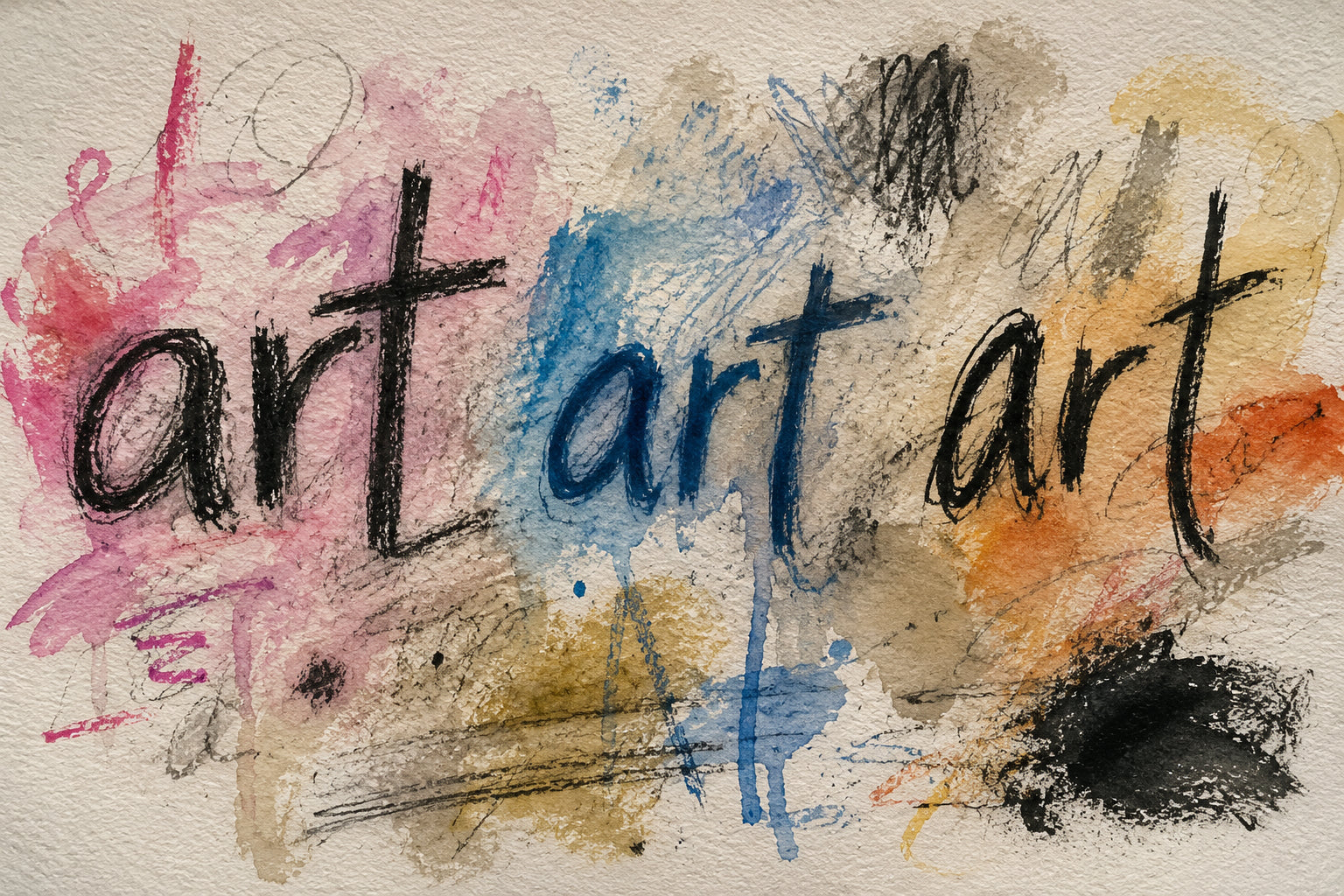 a hand drawing of the words "art" repeating three times using watercolor, pastel and charcoal ©Sprout Home