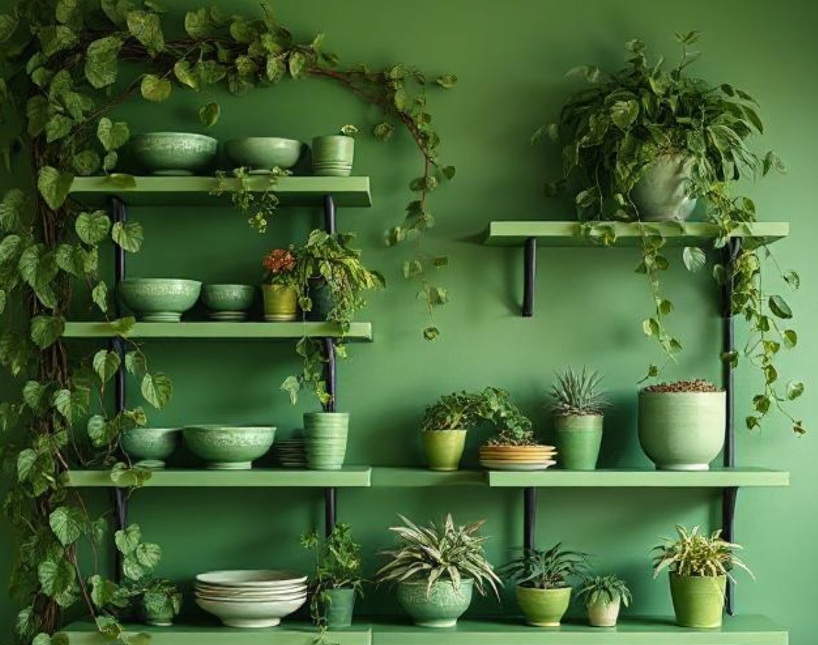 Green room with green walls, green homewares and plants.  Green everything.