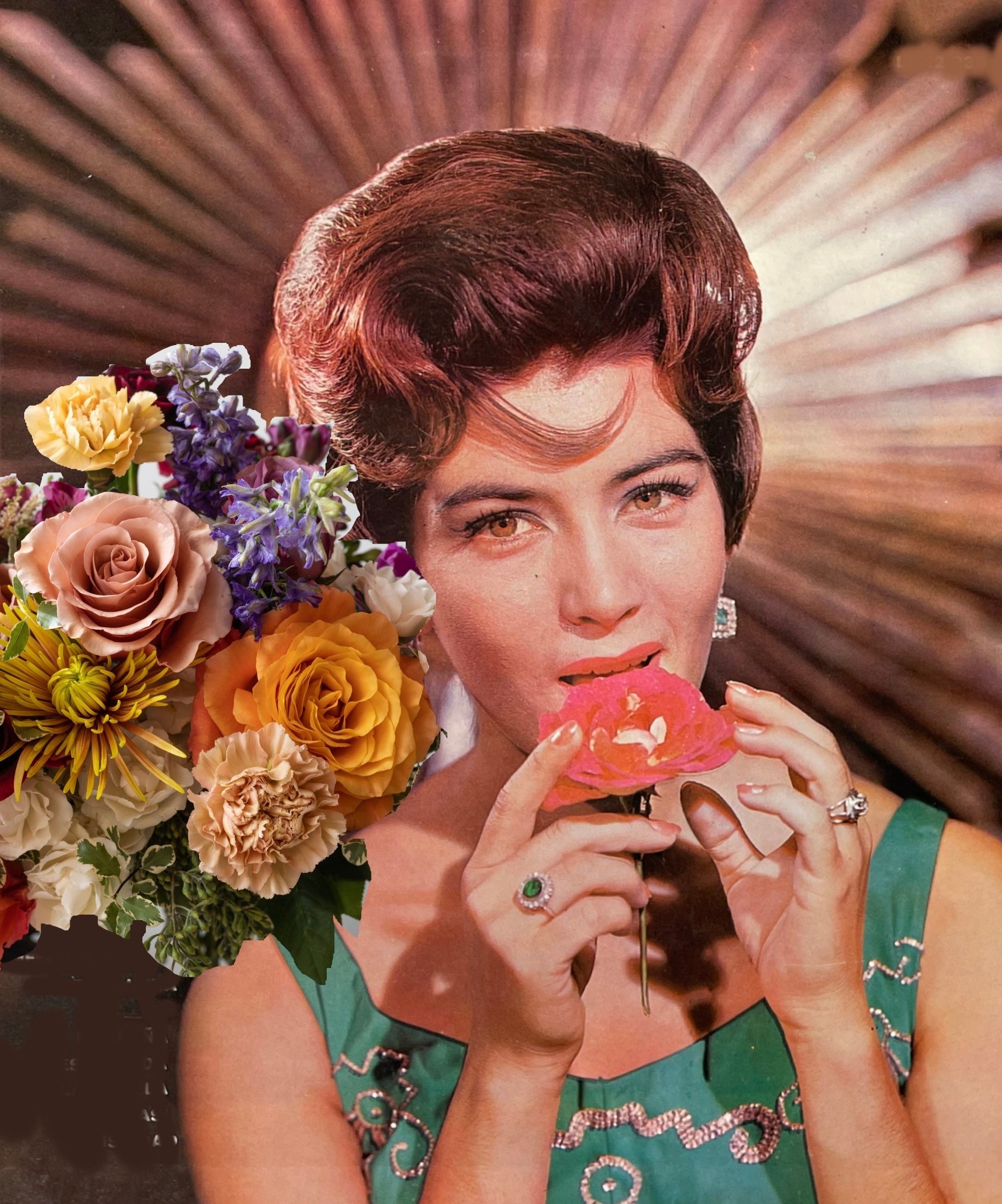 Mothers day flowers on the shoulder of a model from the 60's eating a flower