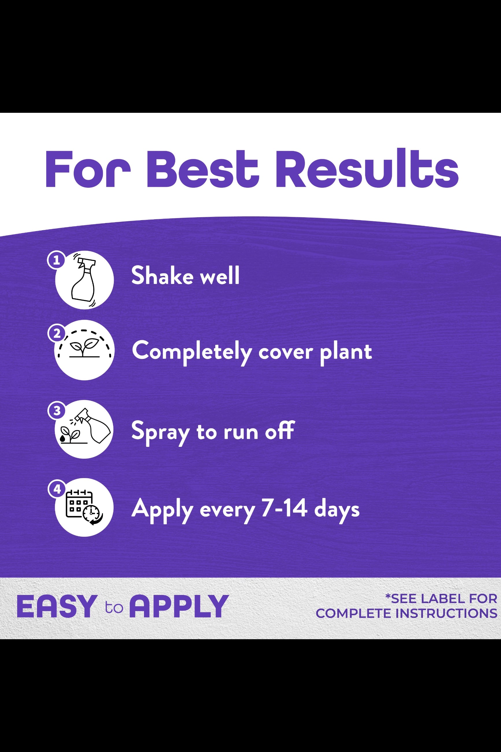 Instructions for applying a product on plants with icons and text on a purple background ©Bonide