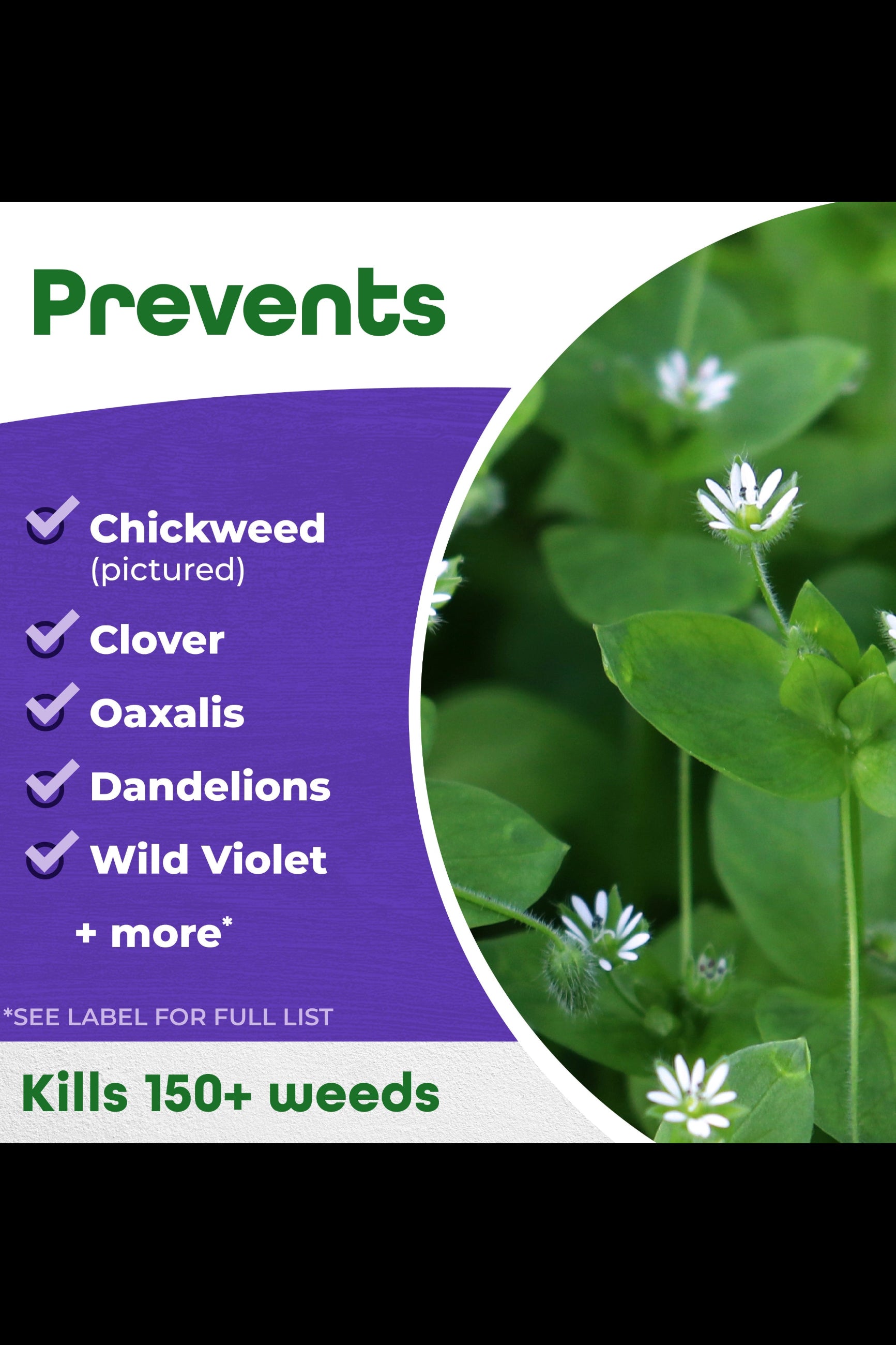 Herbicide product label with images of chickweed and text about preventing weeds. ©Bonide